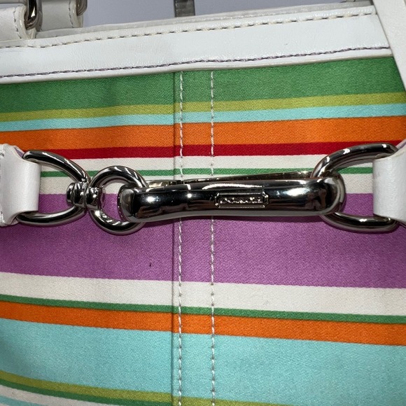 Coach Hampton Multicolor Canvas White Leather Trim Stripes Satchel Tote Bag - Picture 7 of 14